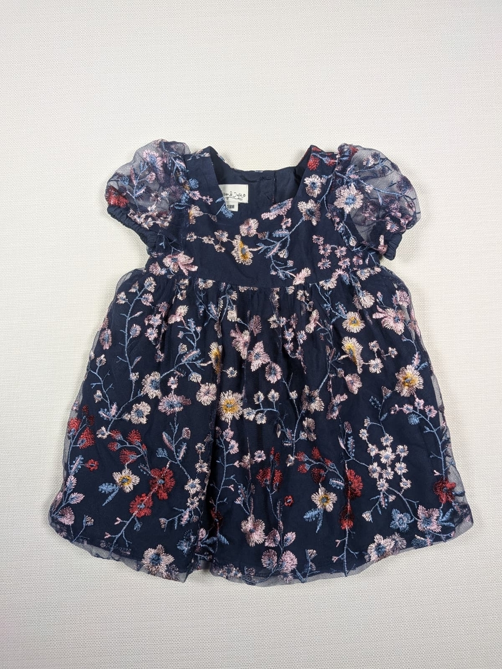 Pippa & Julie Navy Dress with Pink and Blue Floral Embroidery